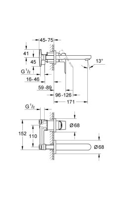 Grohe BauEdge – Μπαταρία Νιπτήρος Επιτοίχια 2 Οπών Χρωμέ