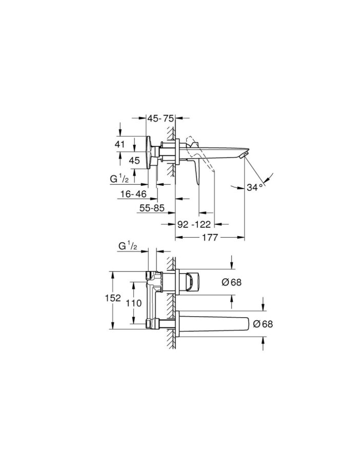Grohe BauEdge  – Μίκτης νιπτήρα με επιτοίχια εγκατάσταση (2 οπές)
