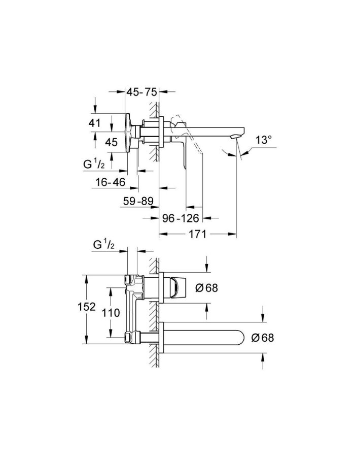 Grohe BauEdge – Μπαταρία Νιπτήρος Επιτοίχια 2 Οπών Χρωμέ