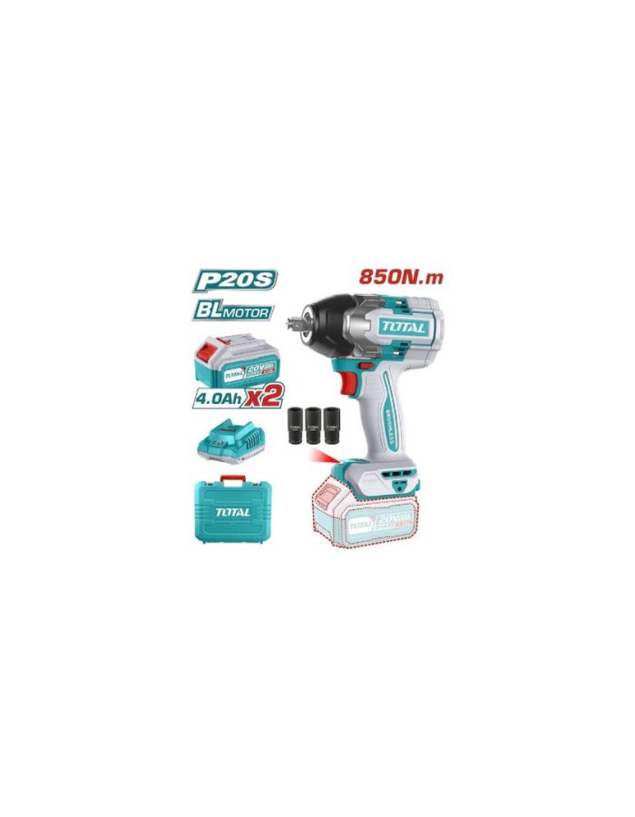 Total TIWLI2085 – Brushless Μπουλονόκλειδο 20V με 2x4Ah Μπαταρίες & Φορτιστή (Υποδοχή 1/2")